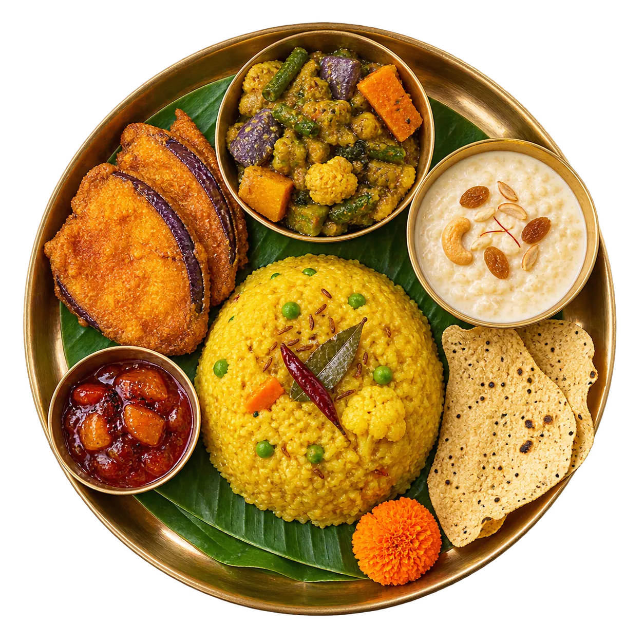 A festive Bengali Navami bhog thali with khichuri, labra, beguni, chutney, papad and payesh